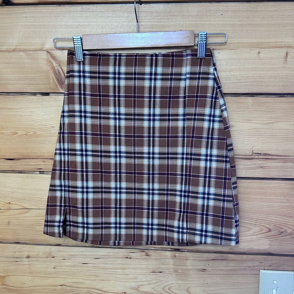 Brandy Melville Brown Plaid Mini Skirt 13” Small Y2K Twee Prep Italian